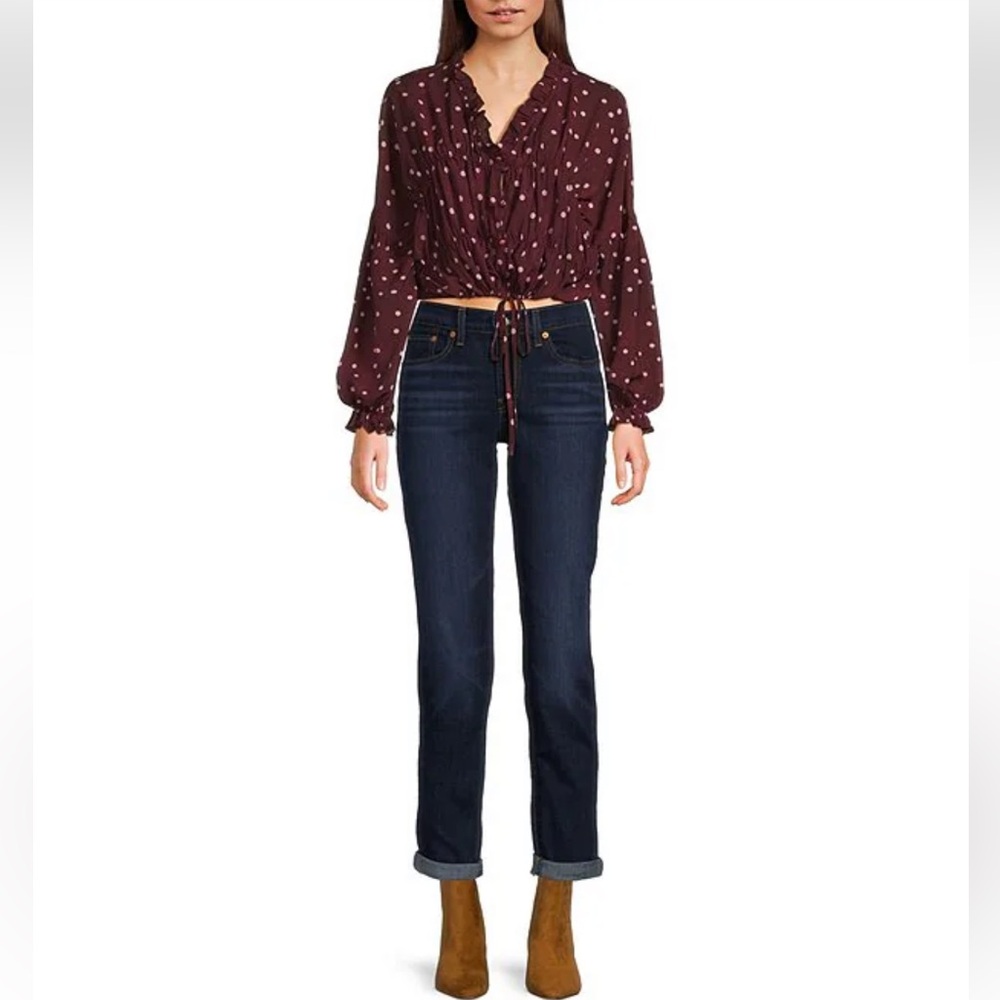 Emory Park Polka Dot Tie-Front Long-Sleeve Blouse - Burgundy